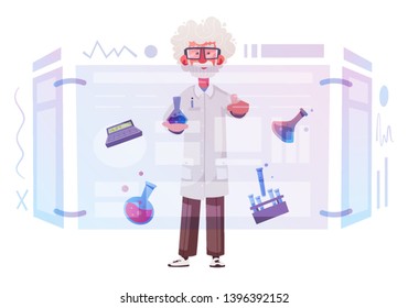 Smart scientist character. Cartoon vector illustration. Doctor is researching or doing an experiment on a screen. Science and technology concept