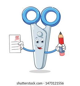 Smart Scissors Cartoon Mascot Character With Holding a Paper and Pencil.