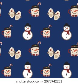 Smart Seamles Christmas background with cute snowmen, Christmas cups and reindeer slippers