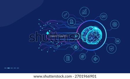Smart Search with AI for business and work productivity concept - Intelligent data discovery and semantic analysis illustration - Modern vector with editable stroke icons 