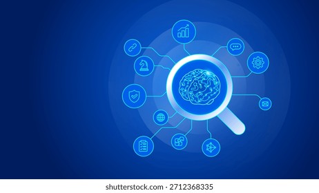 Pesquisa inteligente com conceito de AI fundo azul - ilustração vetorial de tecnologia, ícones têm traços editáveis