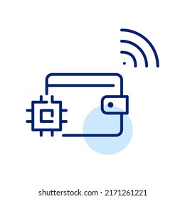 Smart secure wallet with CPU chip. Pixel perfect, editable stroke line art icon
