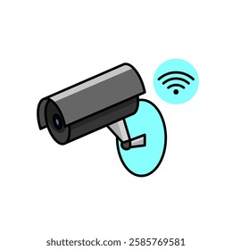  Smart security camera with Wi-Fi signal icon, indicating wireless connectivity. This image is ideal for use in technology, security, and smart home related content.