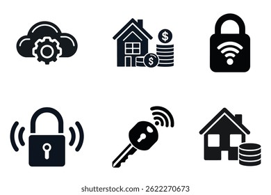 Smart Security and Finance Icon Set – Home, Cloud, Wireless Lock, Digital Safety Symbols