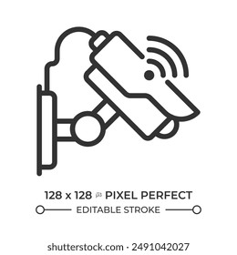 Smart security pixel perfect linear icon. Cctv camera, surveillance video. Iot technology. Privacy protection. Thin line illustration. Contour symbol. Vector outline drawing. Editable stroke