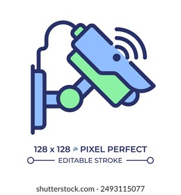 Smart security pixel perfect RGB color icon. Cctv camera, surveillance video. Iot technology, monitoring. Privacy protection. Isolated vector illustration. Simple filled line drawing. Editable stroke