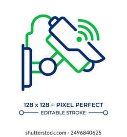 Icono de línea de dos colores de seguridad inteligente. Video Cámara de CCTV, vigilancia. Tecnología Iot. Símbolo de contorno bicolor de protección de privacidad. Pictograma lineal duotono. Ilustración aislada. Trazo editable