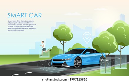 Un concepto inteligente de auto-auto-conducido. Autónomo piloto automático inteligente auto auto-conducido sin conductor en la carretera detrás de un hombre corriendo. Ilustración del vector