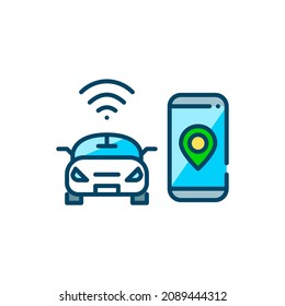 Smart self-driving car icon. Smartphone with map pointer and car with wireless connection and control. Pixel perfect, editable stroke colorful icon
