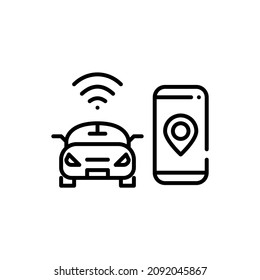 Intelligentes selbstfahrendes Auto-Symbol. Smartphone mit Kartenzeiger und Auto mit drahtloser Verbindung und Steuerung. Pixel perfektes, bearbeitbares Strichsymbol