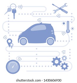 Smart self-driving car transfer of information about its condition: location, amount of fuel, temperature conditions in the car, need for repair. Automated car, autonomous vehicle,  driverless car.