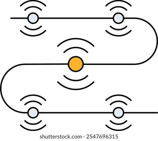 Smart Sensor Networks Icon . Group of Sensors with Signal Lines Connecting Them. Black and yellow color.Vector illustration.