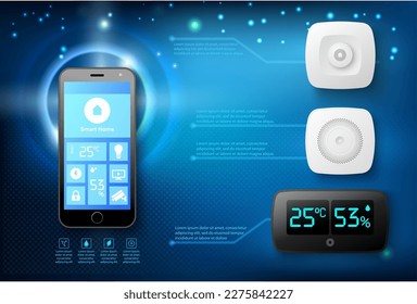 Smart sensors at home controlled by mobile phone advertising vector banner or poster with realistic design. Temperature, thermostat, fire alarm, security sensor remote surveillance on smartphone