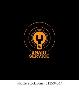 Smart service logo template design with bulb and spanner on black background. Vector illustration.