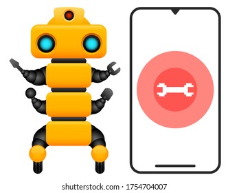 Smart service robot repair mobile phone.Vector illustration of service robots collection.