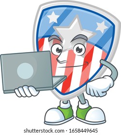 A smart shield badges USA with star mascot icon working with laptop
