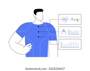 Ilustraciones de vectores de dibujos animados aislados de camisetas inteligentes. Hombre de confianza usando camisa inteligente, diagnosticando enfermedades respiratorias, ropa de alta tecnología para monitorear el estado físico de la caricatura vectorial.