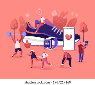 Smart Shoes Concept. Tiny Characters Sportsmen and Sportswomen Training in Gym and Outdoors in Sport Sneakers Connected to Smartphone. Walking around Huge Footwear. Cartoon People Vector Illustration