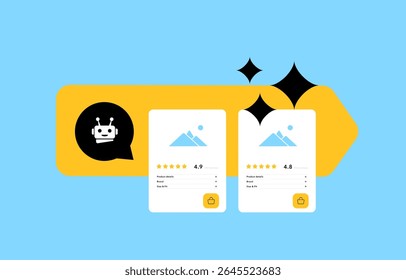 Assistentes de compras inteligentes melhoram as ferramentas de compras on-line e criam experiência de compras personalizada. Os assistentes de compras inteligentes impulsionados pela IA oferecem velocidade, relevância e conveniência. Ilustração vetorial
