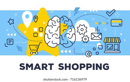 Smart shopping concept on blue background with title. Vector illustration of human brain, store and icons. Thin line art flat style design for web, site, banner, business presentation