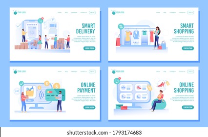 Smart shopping, easy order, express fast delivery, cashless payment service. People shopping at fashion shoes clothing boutique, electronics store, grocery supermarket on internet. Landing page set