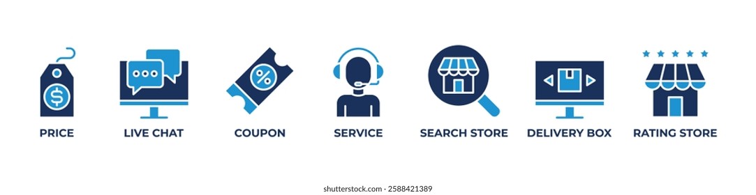 Smart Shopping Icons set vector blue illustration with PRICE , LIVE CHAT, COUPON, SERVICE, SEARCH STORE, DELIVERY BOX, RATING STORE