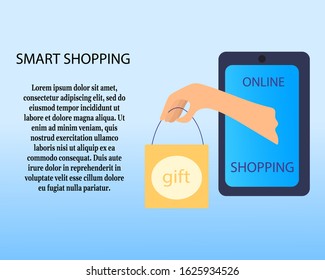 Smart shopping. Online shopping. A hand from the phone gives an order. Package with purchases. 
Vector illustration with place for your text.
