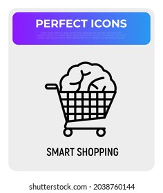 Intelligente Shopping dünne Linie Symbol, Gehirn im Trolley. Loyalitätsprogramm, Empfehlungssystem, Kassenscheck. Moderne Vektorgrafik.