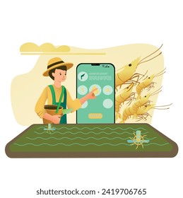 Smartphone-Garnelenfarm in flachem Design, flache Illustration von Garnelenbauern mit Anwendung für die Geschäftsführung. intelligente Garnelenzucht auf Flach-Vektorgrafik