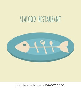 smart simple fish sign for menu restaurant. spoon, fork and knife vector cartoon like bones isolated. concept sea food icon symbol flat design style on a plate. creative seafood or fishfood logo art