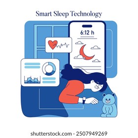 Smart Sleep Technology concept. A woman monitors her rest with advanced devices, ensuring a healthy sleep pattern. Integrating tech for better rest. Vector illustration.