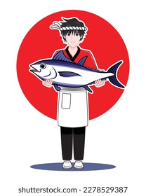 smart smiling Japanese young man dress in Japanese sushi chef uniform holding bluefin tuna fish background with red circle drawing in cartoon vector