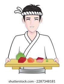 smart smiling Japanese young man in Japanese sushi chef uniform holding  three kinds of  Japanese  sashimi  serve in Japanese  wooden sushi  plate with wasabi and decoration with green leaf drawing in