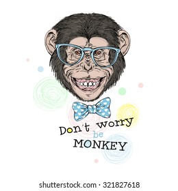 smart smiling monkey, hand drawn graphic, hipster animal portrait