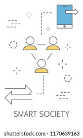 Smart society in the city of the future. Idea of people using mobile devices for different things: healthcare, connection and transportation. Augmented reality. Isolated flat vector illustration