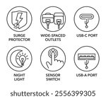 Smart socket extender icons set - Surge protector, Wide-spaced outlets, USB-C and USB-A ports. Night light and Sensor switch. Pictograms for labeling in thin line