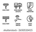 Smart socket extender icons set - Surge protector, Wide-spaced outlets, USB-C and USB-A ports. Night light and Sensor switch. Pictograms for labeling in bold line