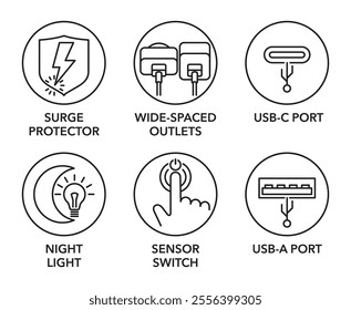 Smart socket extender icons set - Surge protector, Wide-spaced outlets, USB-C and USB-A ports. Night light and Sensor switch. Pictograms for labeling in thin line