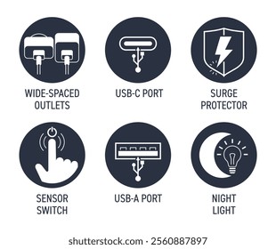 Smart socket extender icons set - Surge protector, Wide-spaced outlets, USB-C and USB-A ports. Night light and Sensor switch. Pictograms for labeling in circular shape