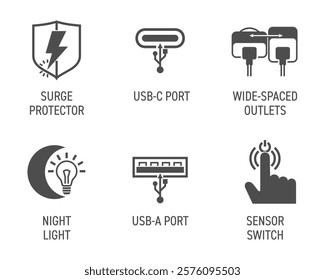 Smart socket extender icons set - Surge protector, Wide-spaced outlets, USB-C and USB-A ports. Night light and Sensor switch. Pictograms for labeling in monochrome style