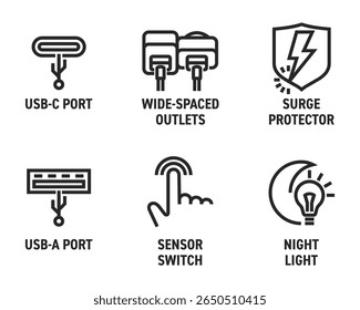 Conjunto de ícones extensores de soquete inteligente - protetor contra sobretensão, tomadas amplas, portas USB-C e USB-A. Luz noturna e interruptor de sensor. Pictogramas para rotulagem em negrito