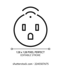 Smart socket pixel perfect linear icon. Home appliance. Internet of things. Remote control via smartphone. Thin line illustration. Contour symbol. Vector outline drawing. Editable stroke