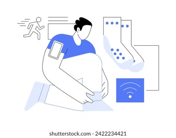Intelligente Socken, einzelne Cartoon-Vektorgrafiken. Mann mit intelligenten Socken beim Laufen, Daten darüber, wie Fuß beim Gehen landet, Schritte zur Verfolgung und Geschwindigkeit, moderne Technologie, Vektorgrafik.