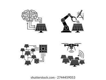 Smart solar energy system icons with AI brain connection, robotic arm installation, blockchain network, drone control, and modern technology applications.