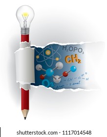 Solución inteligente en química.
Ilustración de lápiz con bombilla y papel rasgado con fórmulas químicas. Aislado sobre fondo blanco. Vector disponible.