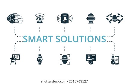 Conjunto de iconos de Smart Solutions. Monocromo simple Smart Solutions icono de colección. Artificial, holograma, asistente de voz, gafas virtuales, dron de aire, realidad aumentada, reloj inteligente, reconocimiento facial