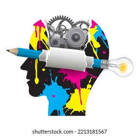 Smart solutions, printing technology, creative graphic design.
Stylized Male Head silhouette with gear and pencil with bulb and cmyk color splaters. Isolated on white background. Vector available.