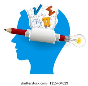 
Smart solutions, Student of mathematics. 
Stylized Male Head silhouette with mathematics symbols and pencil with bulb. Isolated on white background. Vector available. 