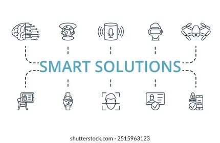 Symbolsatz für schlanke Smart Solutions-Linien. Einfarbige, einfache Smart Solutions-Symbolsammlung. Künstlich, Hologramm, Sprachassistent, Virtuelle Brille, Luftdrohne, Erweiterte Realität, Smart Watch, Gesicht