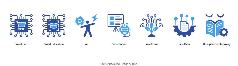 Ilustração vetorial do ícone de banner da Web das Smart Solutions com Smart Cart, Smart Education, AI, Presentation, Smart Farm, Raw Data e Unsupervised Learning.